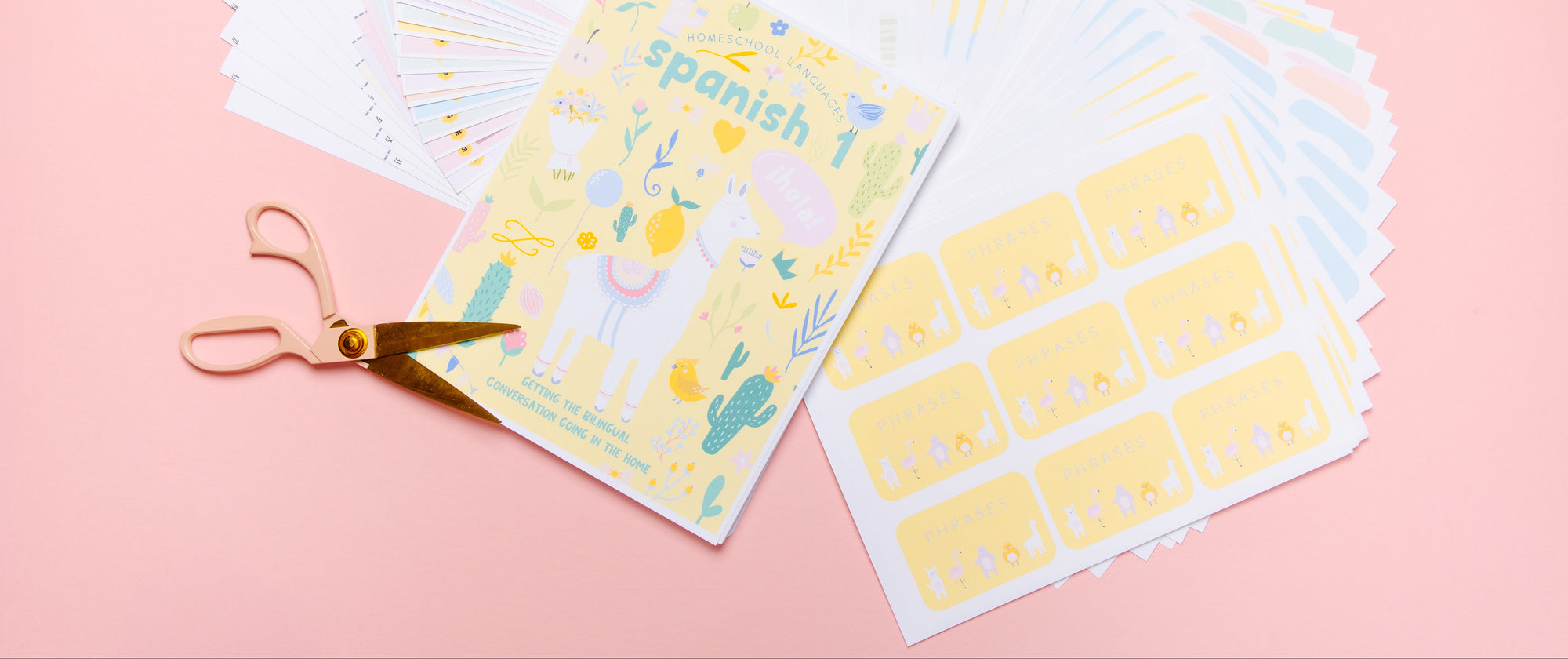 Flashcards with Spanish vocabulary on a pink background